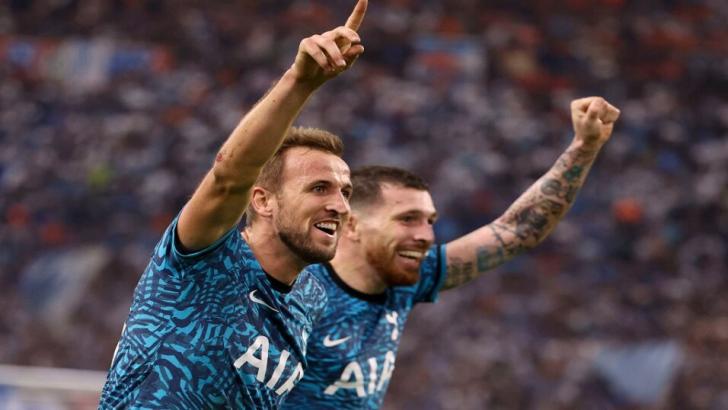 Harry Kane and Pierre-Emile Hjojberg celebrate Spurs' later winner in Marseille